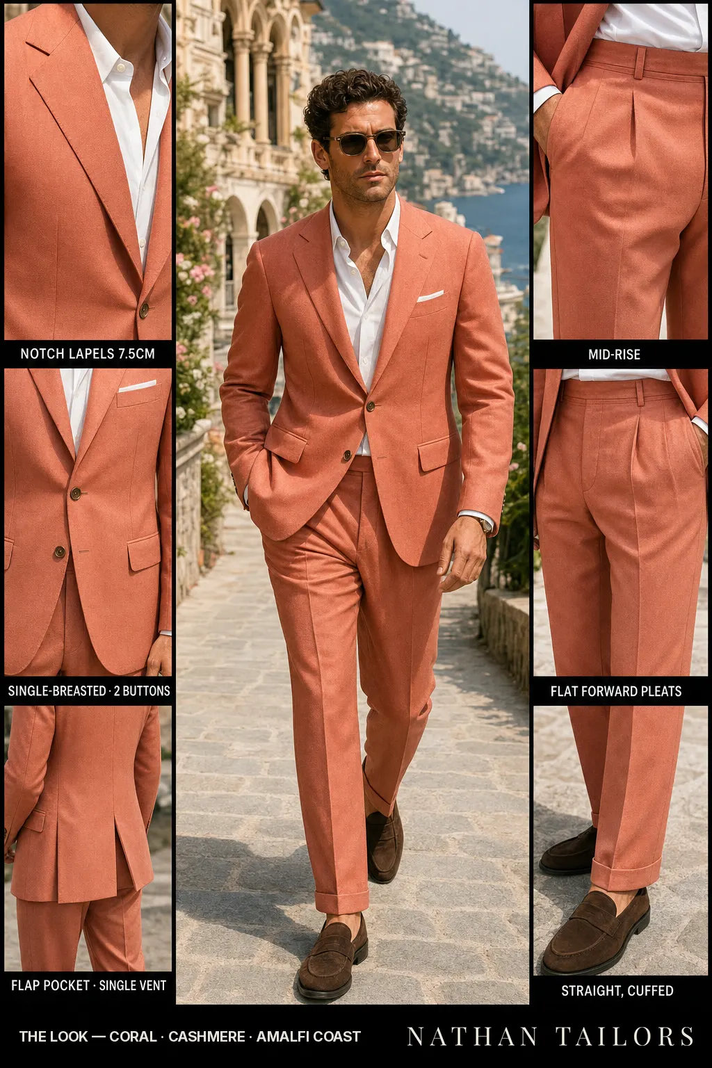 coral single-breasted notch-lapel bespoke suit — AI-rendered by Nathan Tailors, the Hoi An custom tailor. Available as a custom tailored suit from $149.