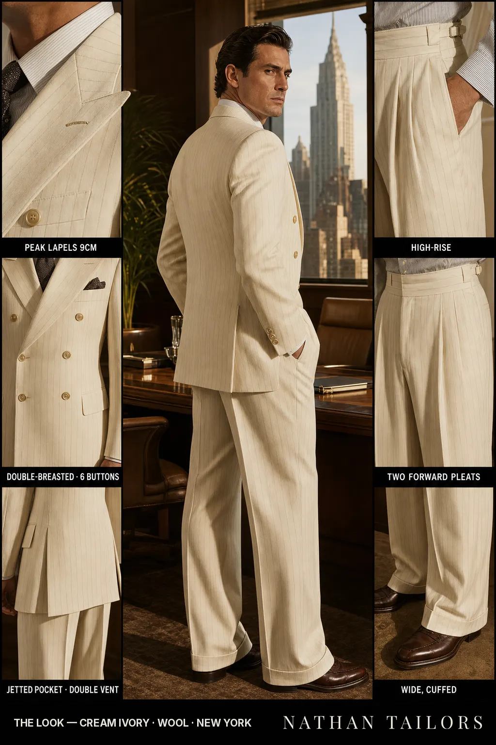 cream ivory chalk stripe double-breasted peak-lapel bespoke suit — AI-rendered by Nathan Tailors, the Hoi An custom tailor. Available as a custom tailored suit from $149.
