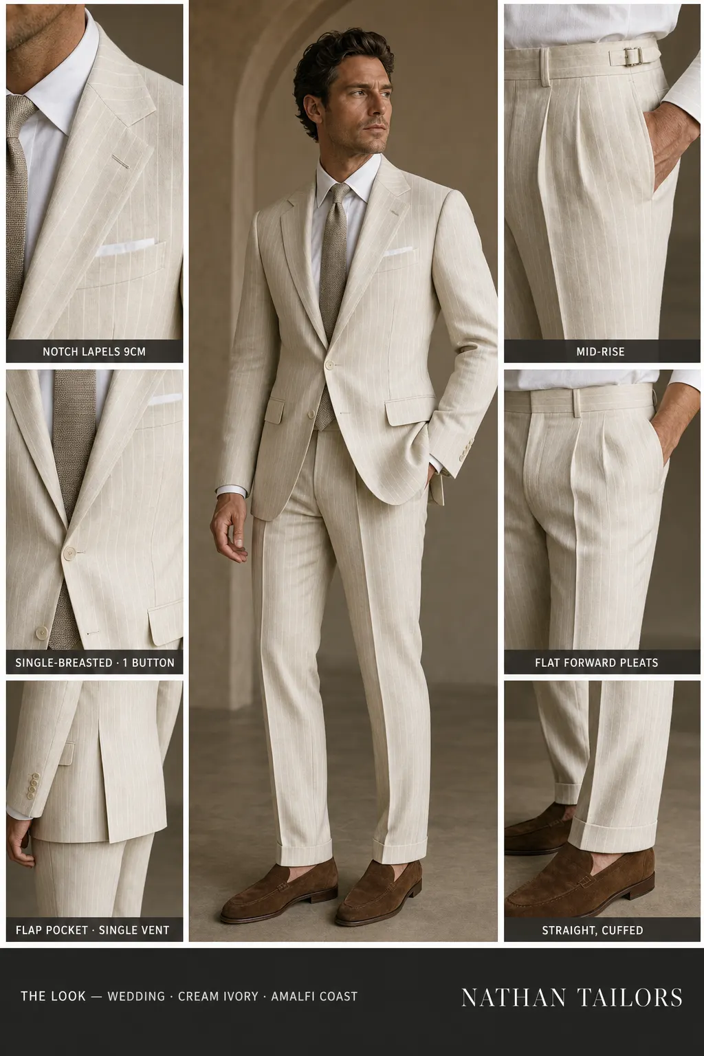 cream ivory chalk stripe single-breasted notch-lapel bespoke suit โ AI-rendered by Nathan Tailors, the Hoi An custom tailor. Available as a custom tailored suit from $149.