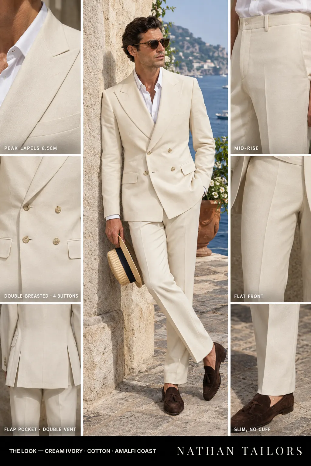 cream ivory double-breasted peak-lapel bespoke suit โ AI-rendered by Nathan Tailors, the Hoi An custom tailor. Available as a custom tailored suit from $149.