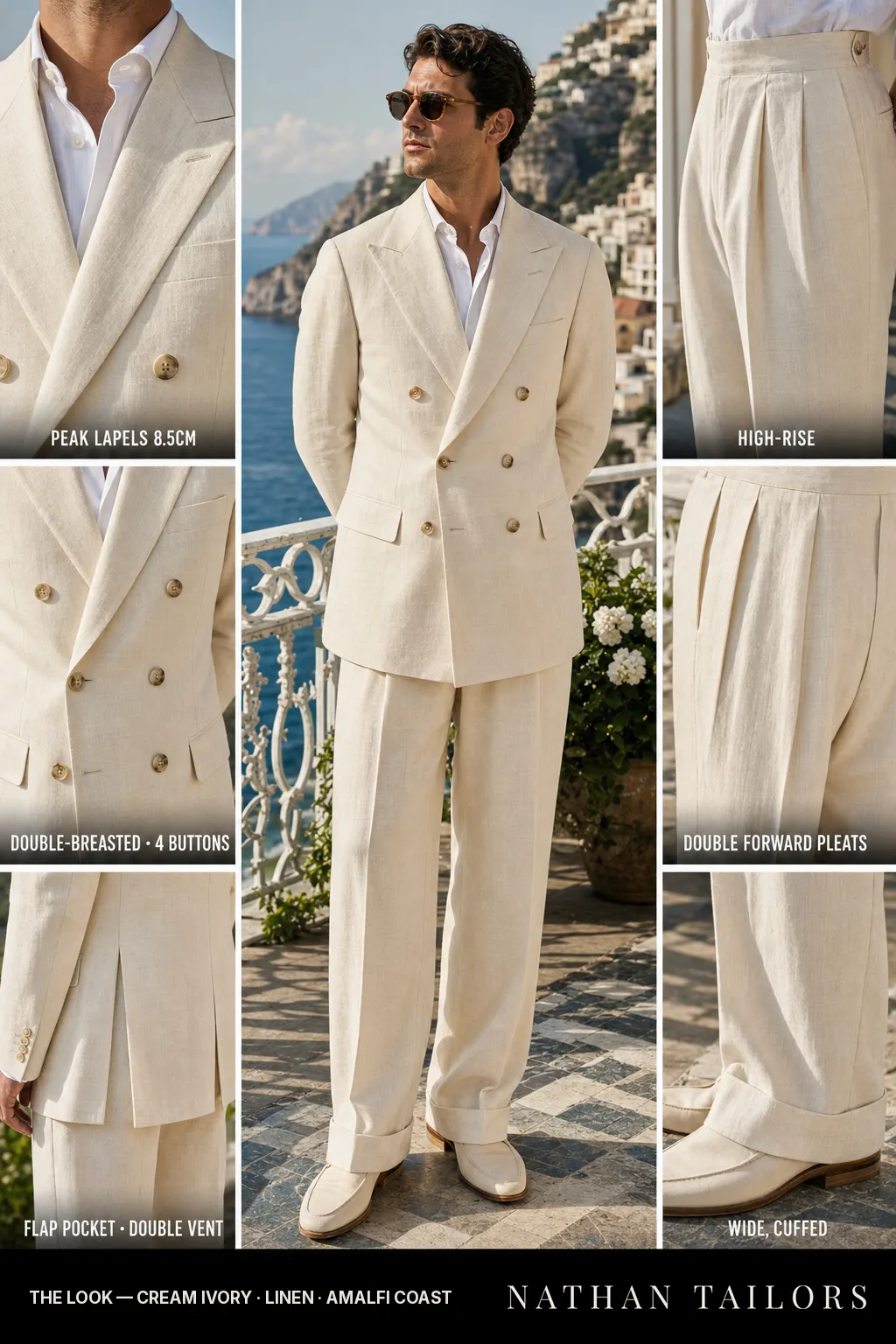 cream ivory double-breasted peak-lapel bespoke suit โ AI-rendered by Nathan Tailors, the Hoi An custom tailor. Available as a custom tailored suit from $149.