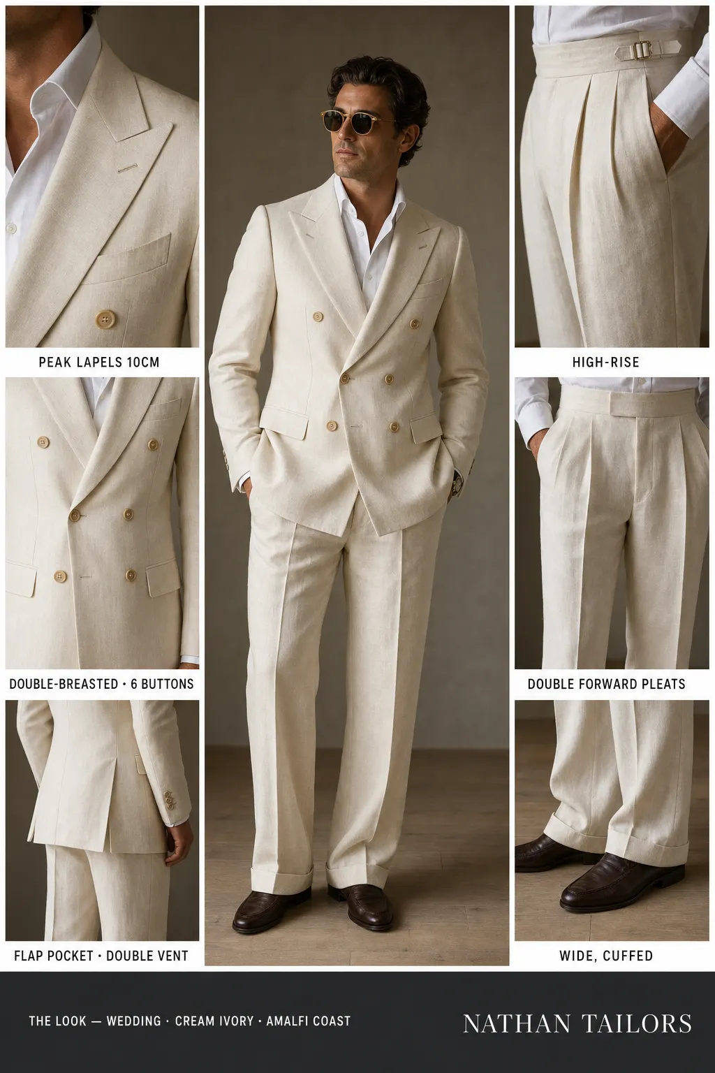 cream ivory double-breasted peak-lapel bespoke suit — AI-rendered by Nathan Tailors, the Hoi An custom tailor. Available as a custom tailored suit from $149.