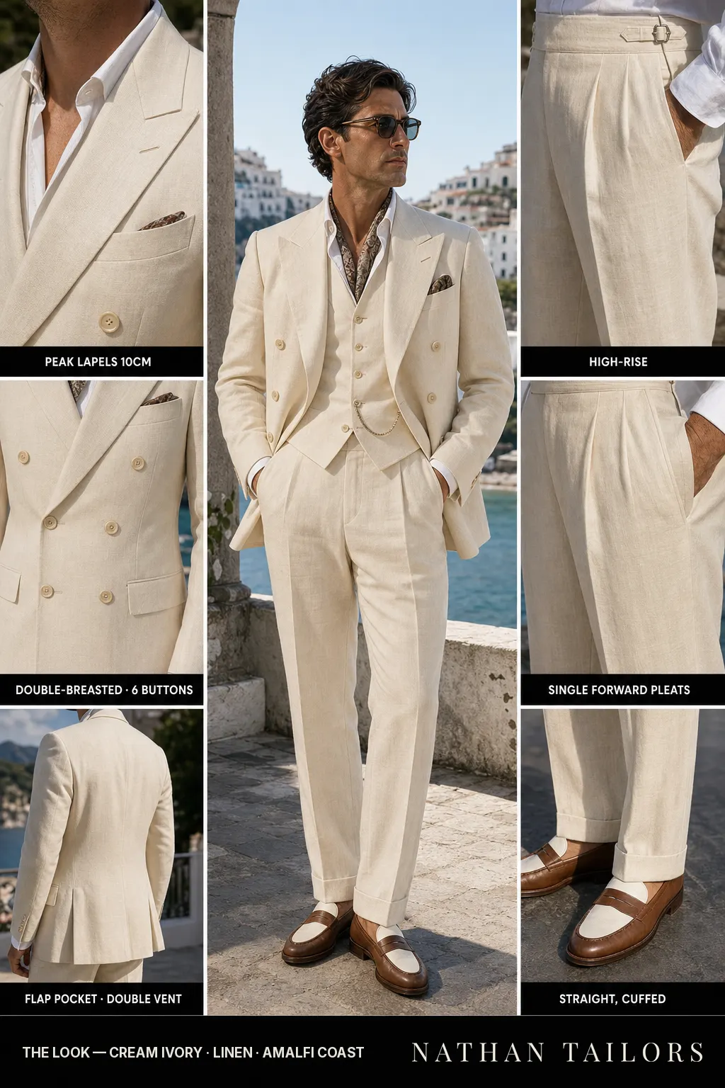 cream ivory double-breasted peak-lapel bespoke suit โ AI-rendered by Nathan Tailors, the Hoi An custom tailor. Available as a custom tailored suit from $149.