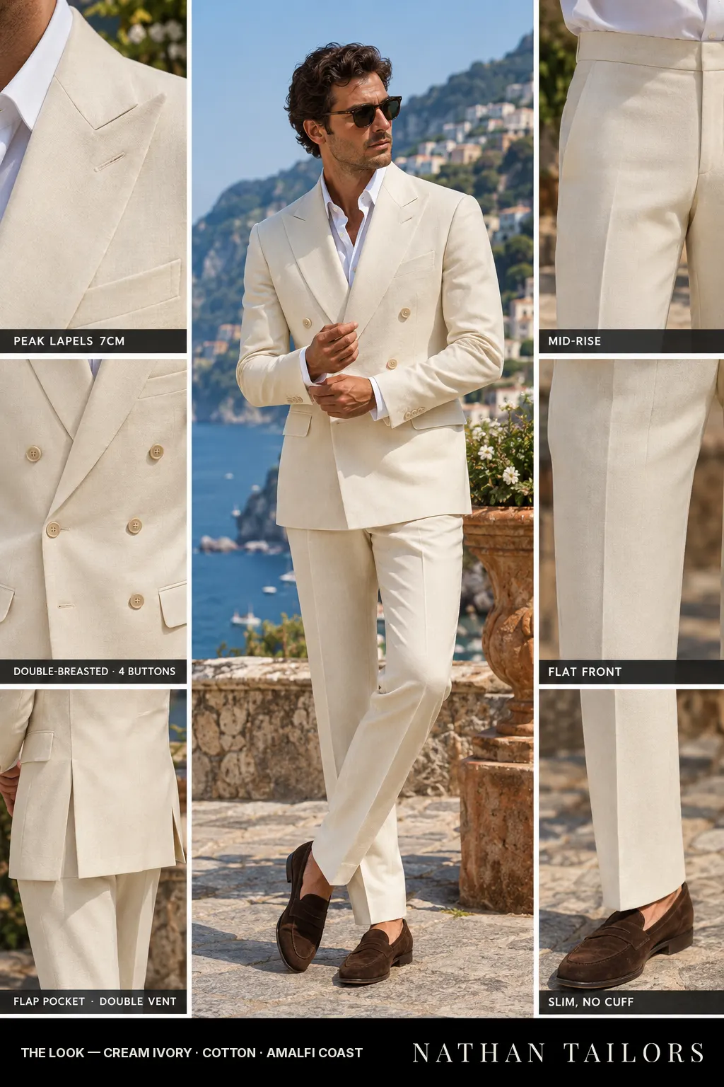 cream ivory double-breasted peak-lapel bespoke suit — AI-rendered by Nathan Tailors, the Hoi An custom tailor. Available as a custom tailored suit from $149.