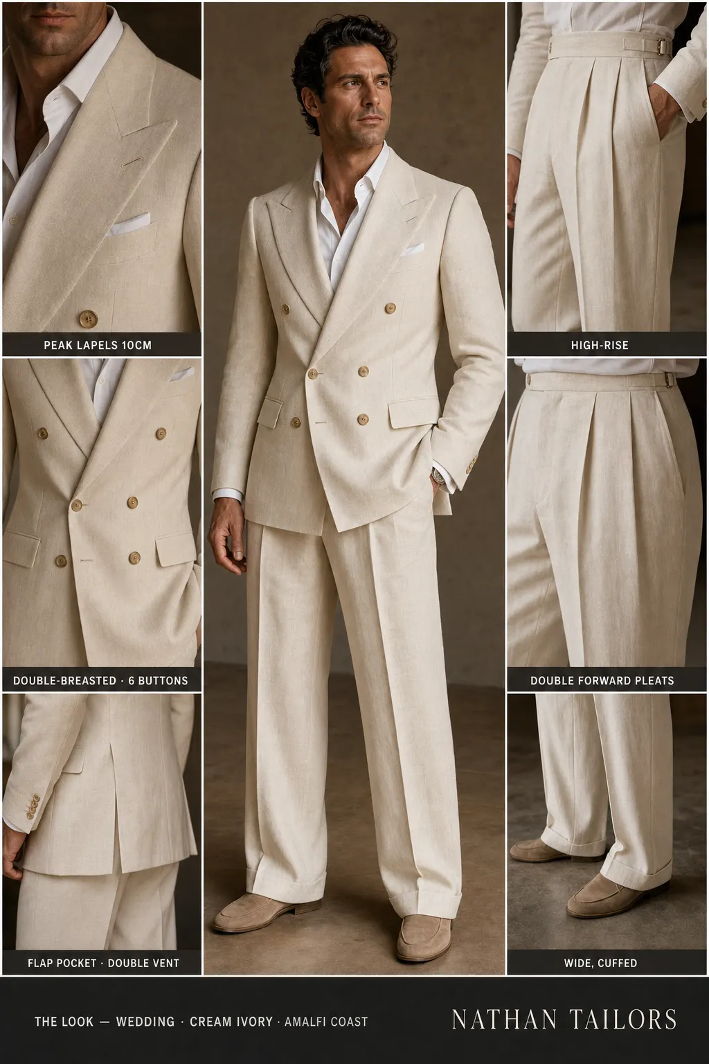 cream ivory double-breasted peak-lapel bespoke suit โ AI-rendered by Nathan Tailors, the Hoi An custom tailor. Available as a custom tailored suit from $149.