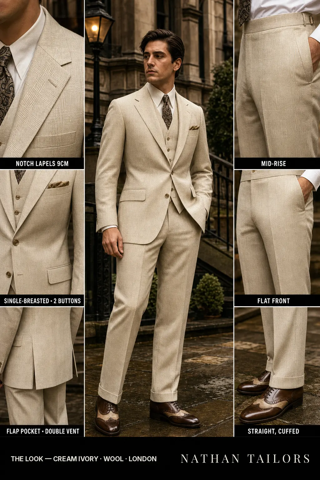 cream ivory glen plaid single-breasted notch-lapel bespoke suit — AI-rendered by Nathan Tailors, the Hoi An custom tailor. Available as a custom tailored suit from $149.