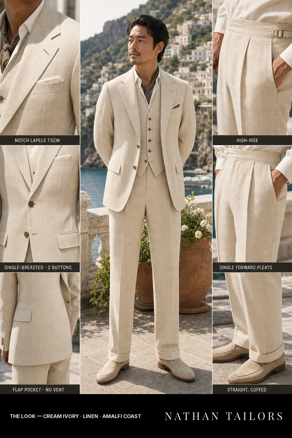 cream ivory glen plaid single-breasted notch-lapel bespoke suit โ AI-rendered by Nathan Tailors, the Hoi An custom tailor. Available as a custom tailored suit from $149.