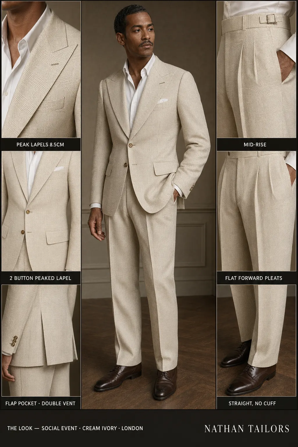 cream ivory glen plaid single-breasted peak-lapel bespoke suit — AI-rendered by Nathan Tailors, the Hoi An custom tailor. Available as a custom tailored suit from $149.