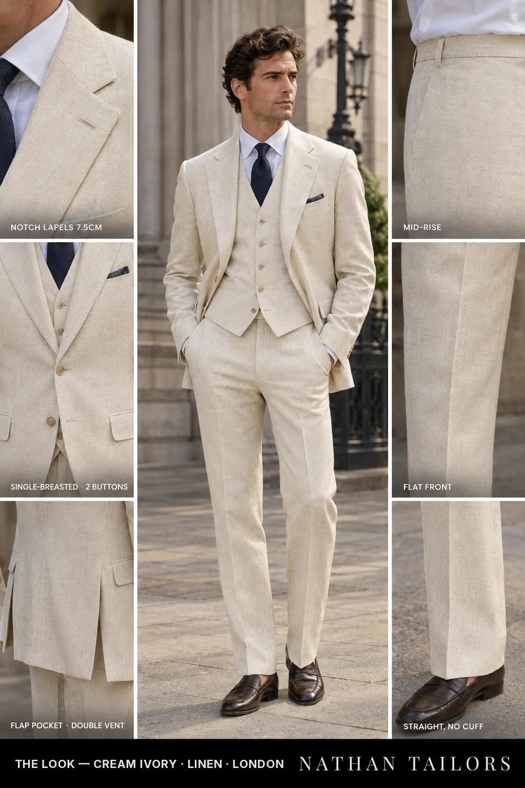 cream ivory herringbone single-breasted notch-lapel bespoke suit โ AI-rendered by Nathan Tailors, the Hoi An custom tailor. Available as a custom tailored suit from $169.
