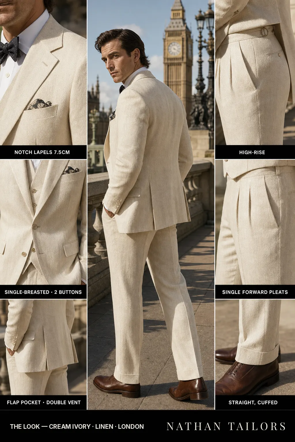 cream ivory herringbone single-breasted notch-lapel bespoke suit โ AI-rendered by Nathan Tailors, the Hoi An custom tailor. Available as a custom tailored suit from $149.
