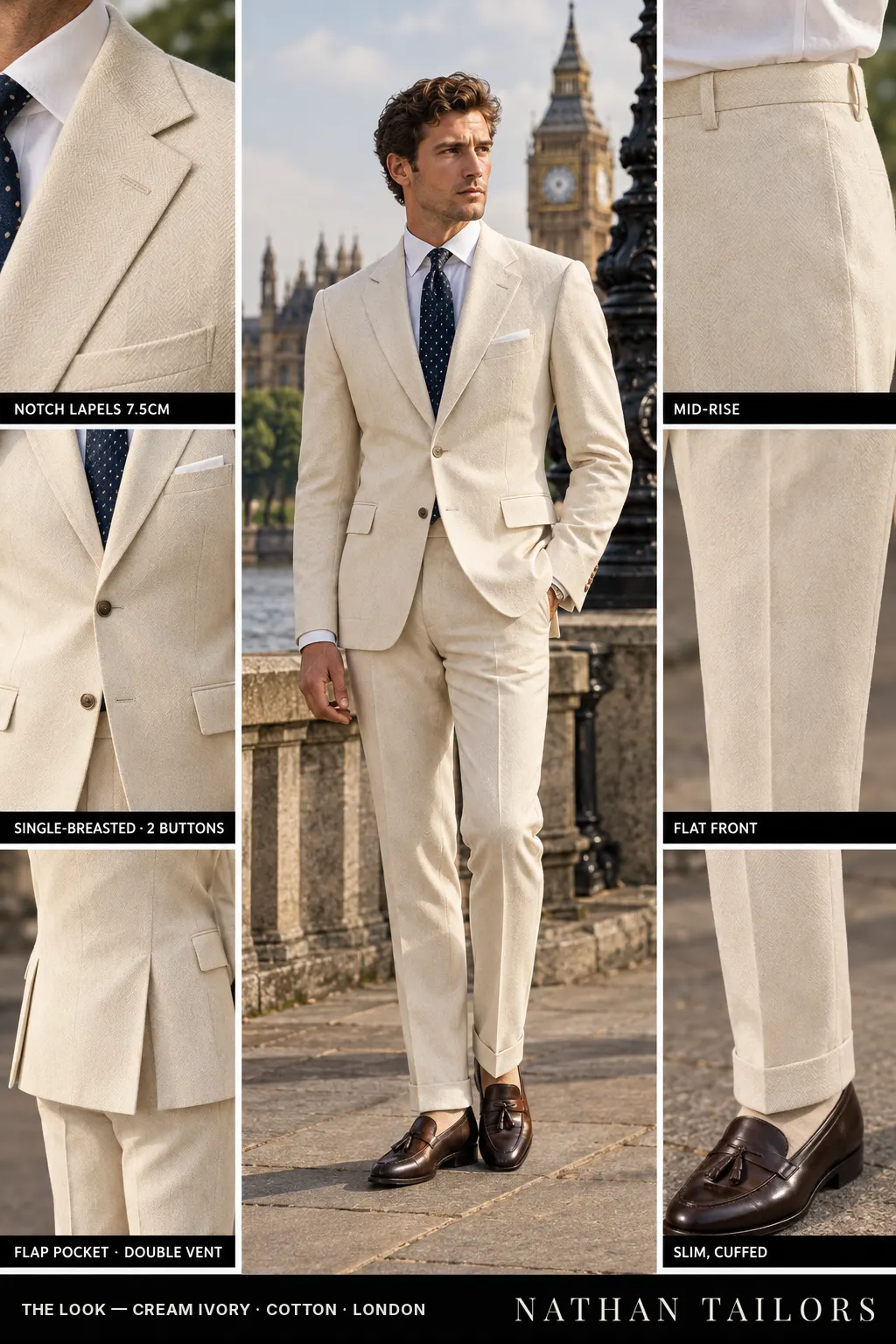 cream ivory herringbone single-breasted notch-lapel bespoke suit — AI-rendered by Nathan Tailors, the Hoi An custom tailor. Available as a custom tailored suit from $149.