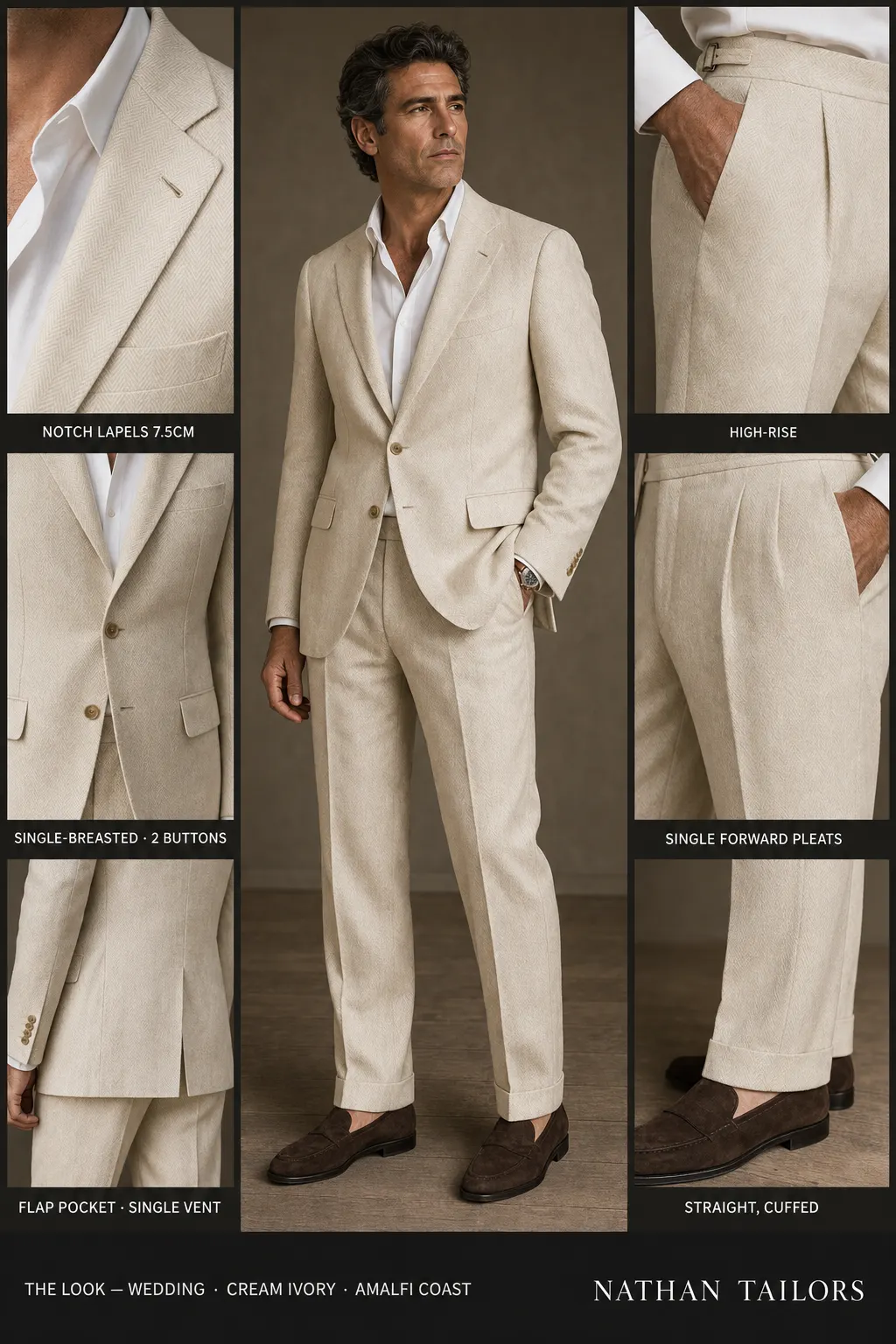 cream ivory herringbone single-breasted notch-lapel bespoke suit โ AI-rendered by Nathan Tailors, the Hoi An custom tailor. Available as a custom tailored suit from $149.