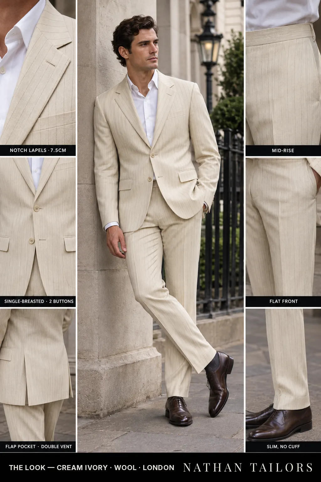 cream ivory pinstripe single-breasted bespoke suit โ custom tailored by Nathan Tailors, the Hoi An custom tailor