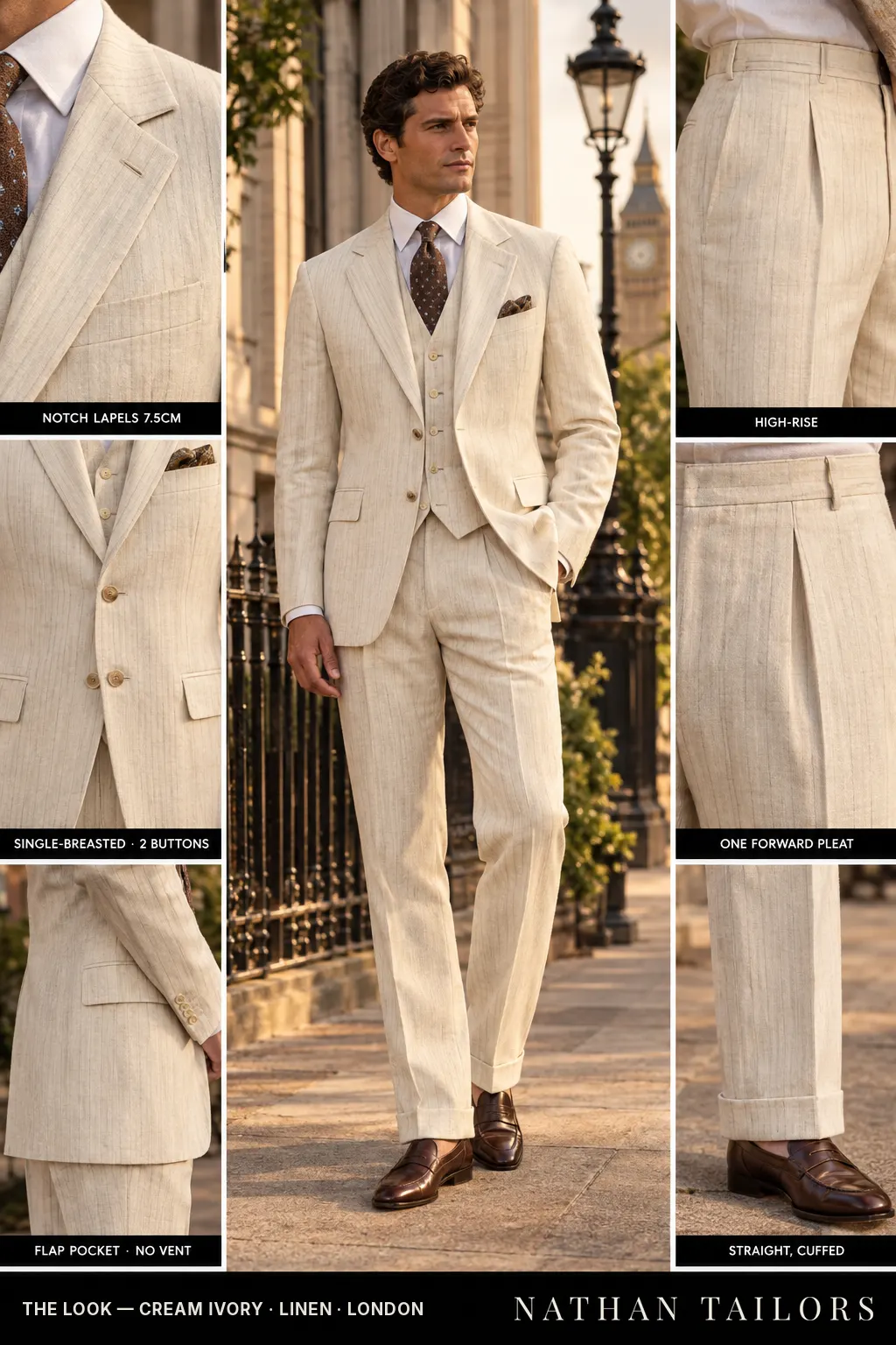 cream ivory pinstripe single-breasted bespoke suit โ custom tailored by Nathan Tailors, the Hoi An custom tailor