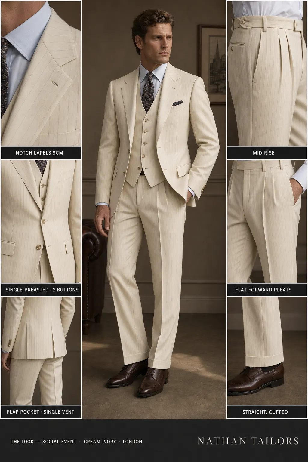 cream ivory pinstripe single-breasted notch-lapel bespoke suit — AI-rendered by Nathan Tailors, the Hoi An custom tailor. Available as a custom tailored suit from $149.