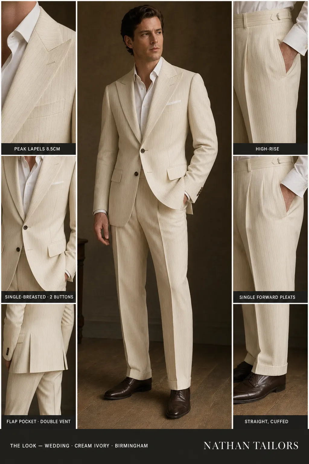 cream ivory pinstripe single-breasted peak-lapel bespoke suit — AI-rendered by Nathan Tailors, the Hoi An custom tailor. Available as a custom tailored suit from $149.