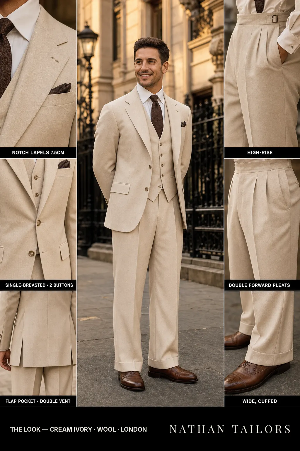 cream ivory single-breasted notch-lapel bespoke suit — AI-rendered by Nathan Tailors, the Hoi An custom tailor. Available as a custom tailored suit from $149.
