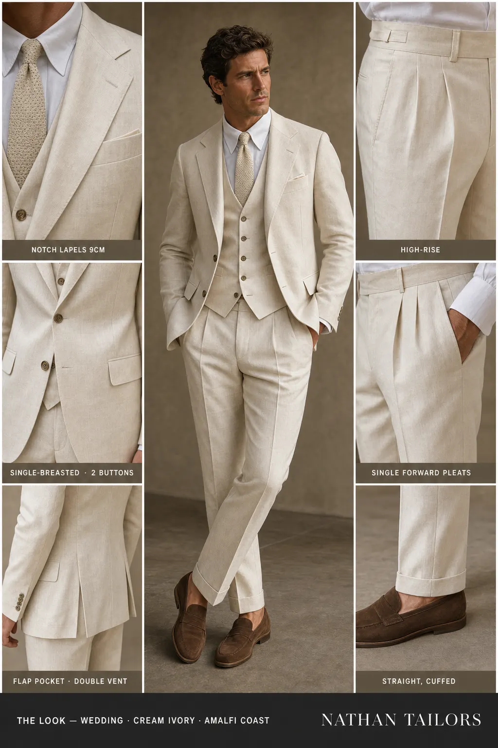 cream ivory single-breasted notch-lapel bespoke suit — AI-rendered by Nathan Tailors, the Hoi An custom tailor. Available as a custom tailored suit from $149.