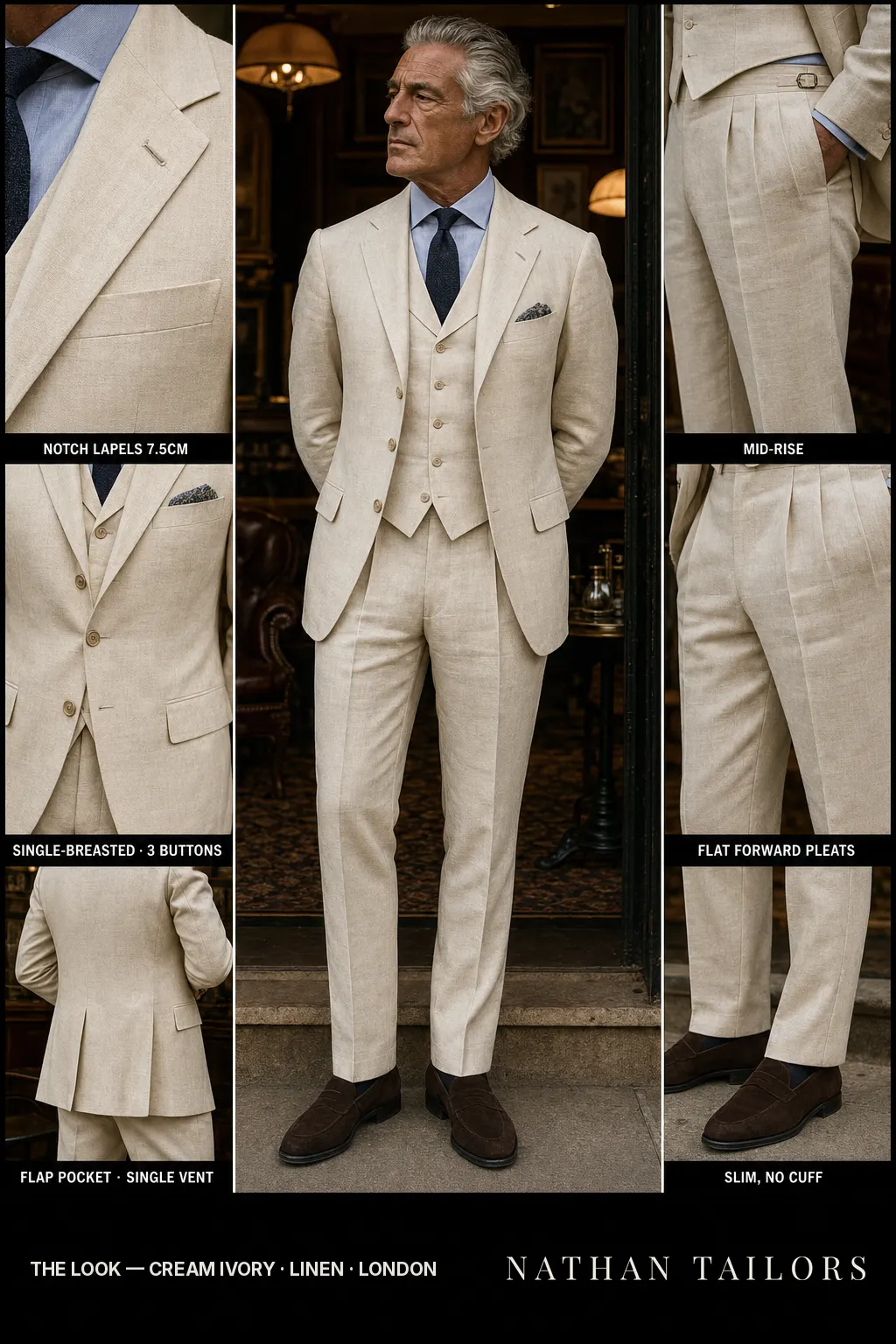cream ivory single-breasted notch-lapel bespoke suit — AI-rendered by Nathan Tailors, the Hoi An custom tailor. Available as a custom tailored suit from $149.