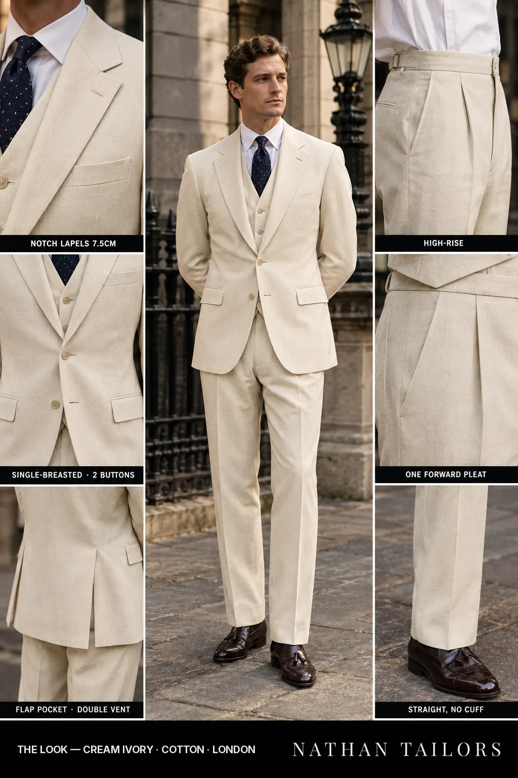 cream ivory single-breasted bespoke suit — custom tailored by Nathan Tailors, the Hoi An custom tailor