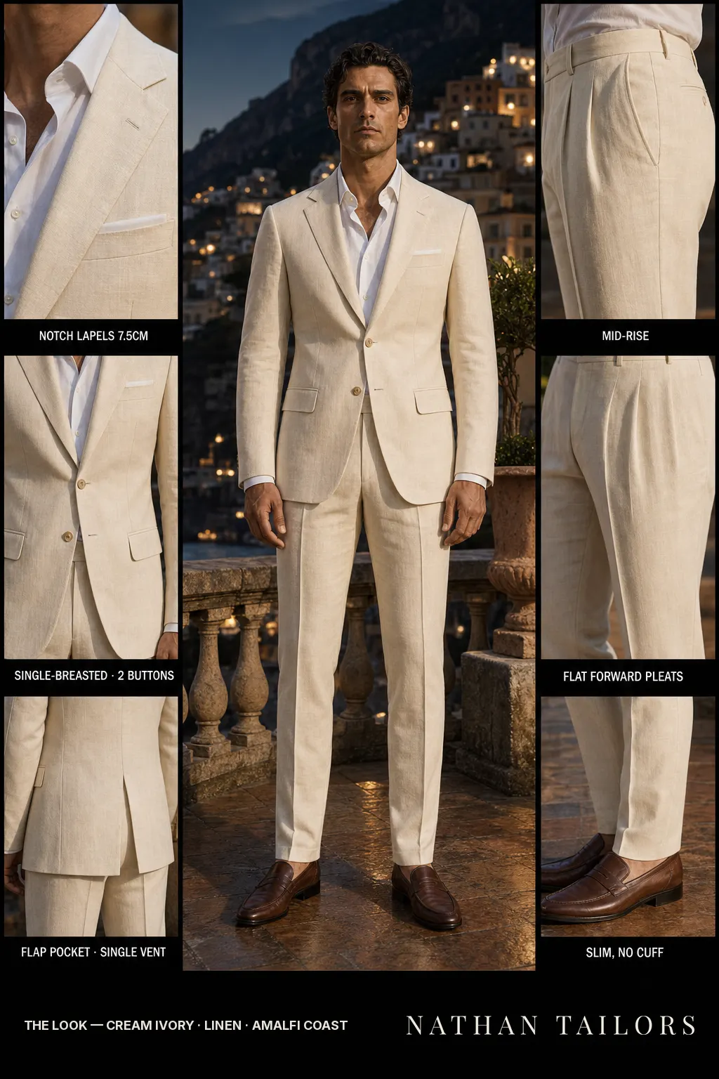 cream ivory single-breasted notch-lapel bespoke suit — AI-rendered by Nathan Tailors, the Hoi An custom tailor. Available as a custom tailored suit from $149.
