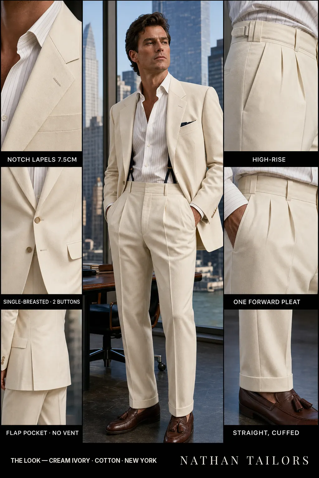 cream ivory single-breasted bespoke suit — custom tailored by Nathan Tailors, the Hoi An custom tailor