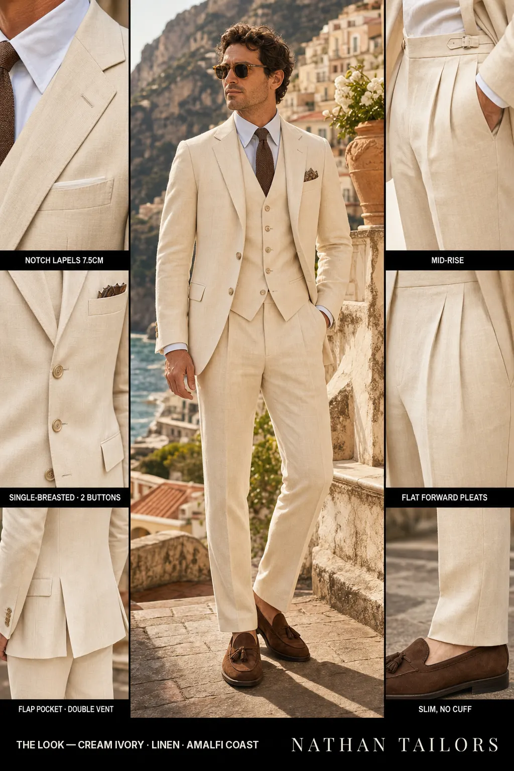 cream ivory single-breasted notch-lapel bespoke suit — AI-rendered by Nathan Tailors, the Hoi An custom tailor. Available as a custom tailored suit from $149.