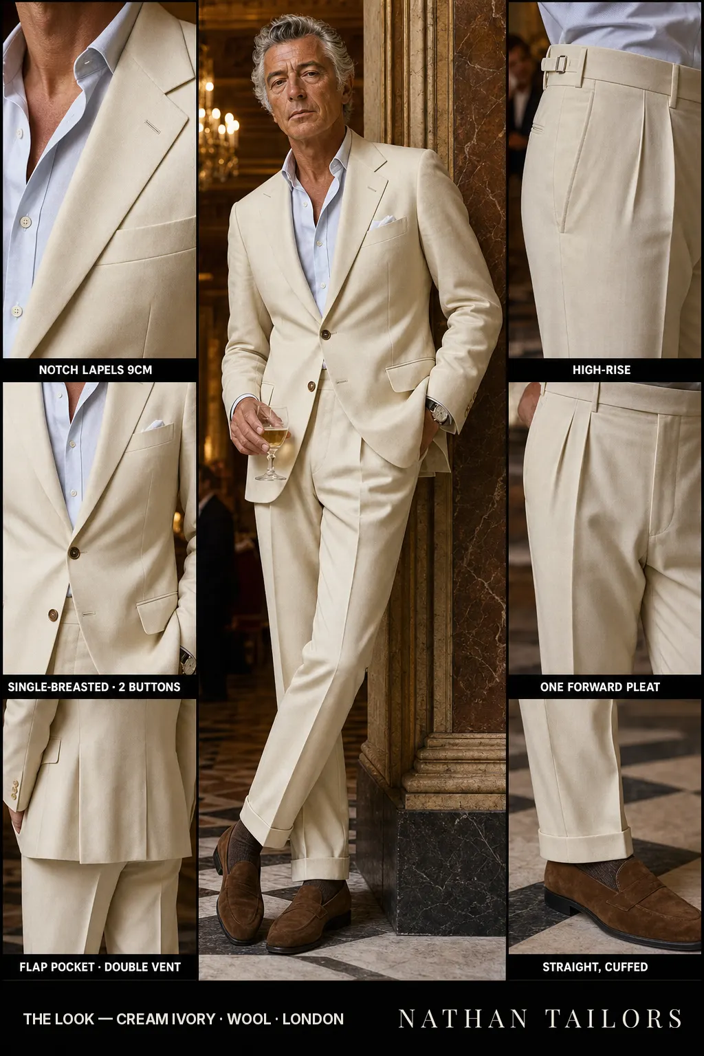 cream ivory single-breasted notch-lapel bespoke suit — AI-rendered by Nathan Tailors, the Hoi An custom tailor. Available as a custom tailored suit from $149.