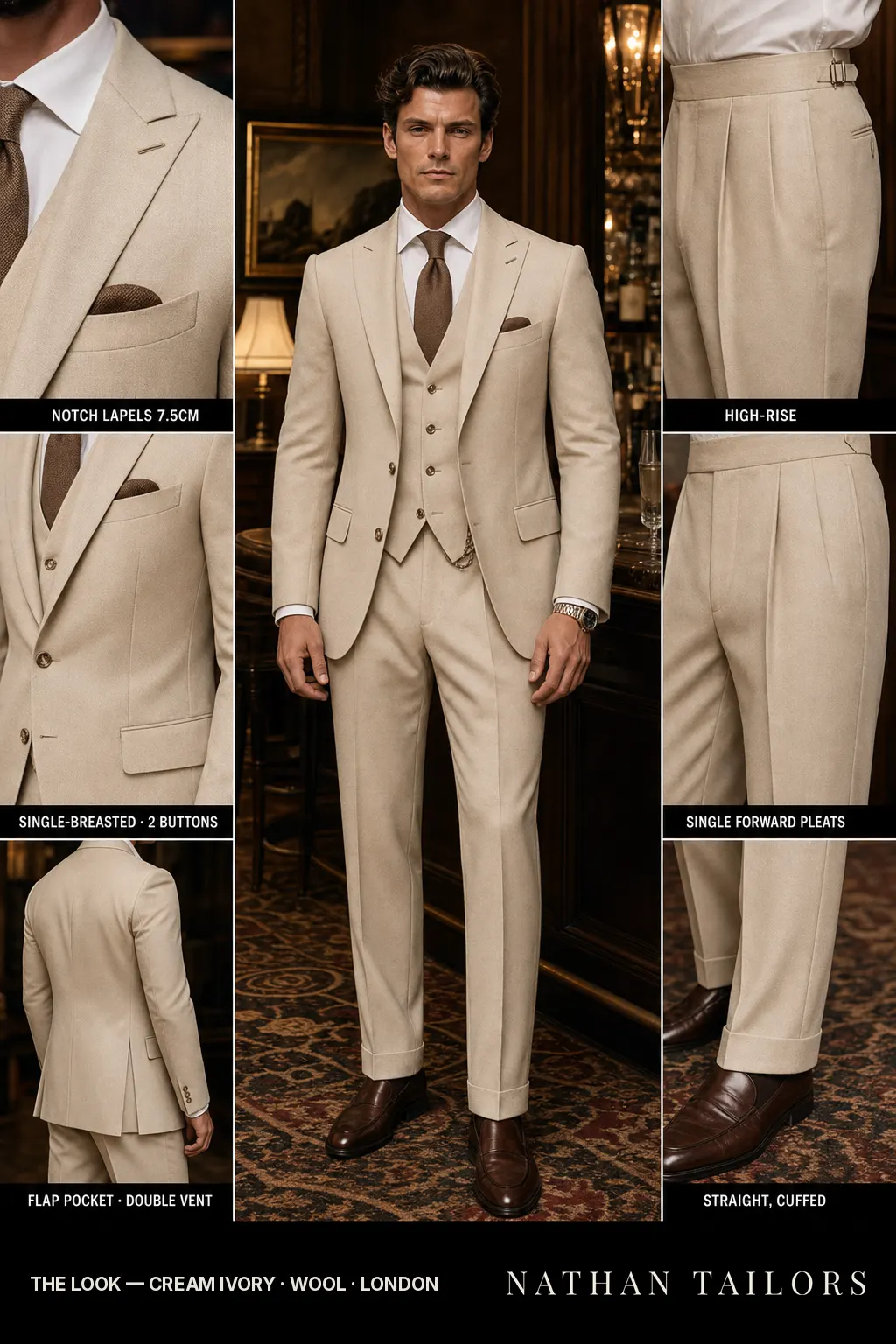 cream ivory single-breasted notch-lapel bespoke suit — AI-rendered by Nathan Tailors, the Hoi An custom tailor. Available as a custom tailored suit from $149.