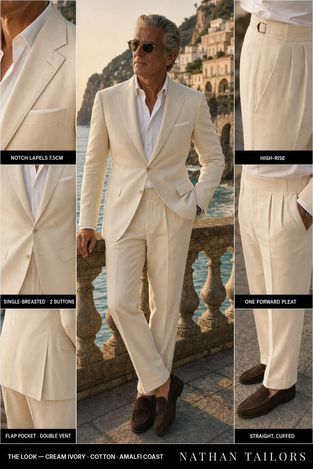 cream ivory single-breasted notch-lapel bespoke suit — AI-rendered by Nathan Tailors, the Hoi An custom tailor. Available as a custom tailored suit from $149.