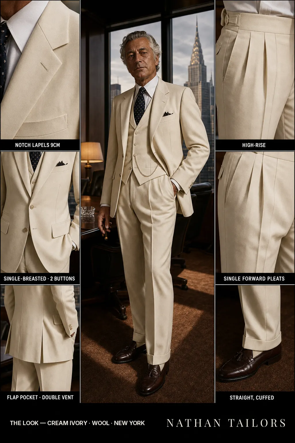 cream ivory single-breasted notch-lapel bespoke suit — AI-rendered by Nathan Tailors, the Hoi An custom tailor. Available as a custom tailored suit from $149.