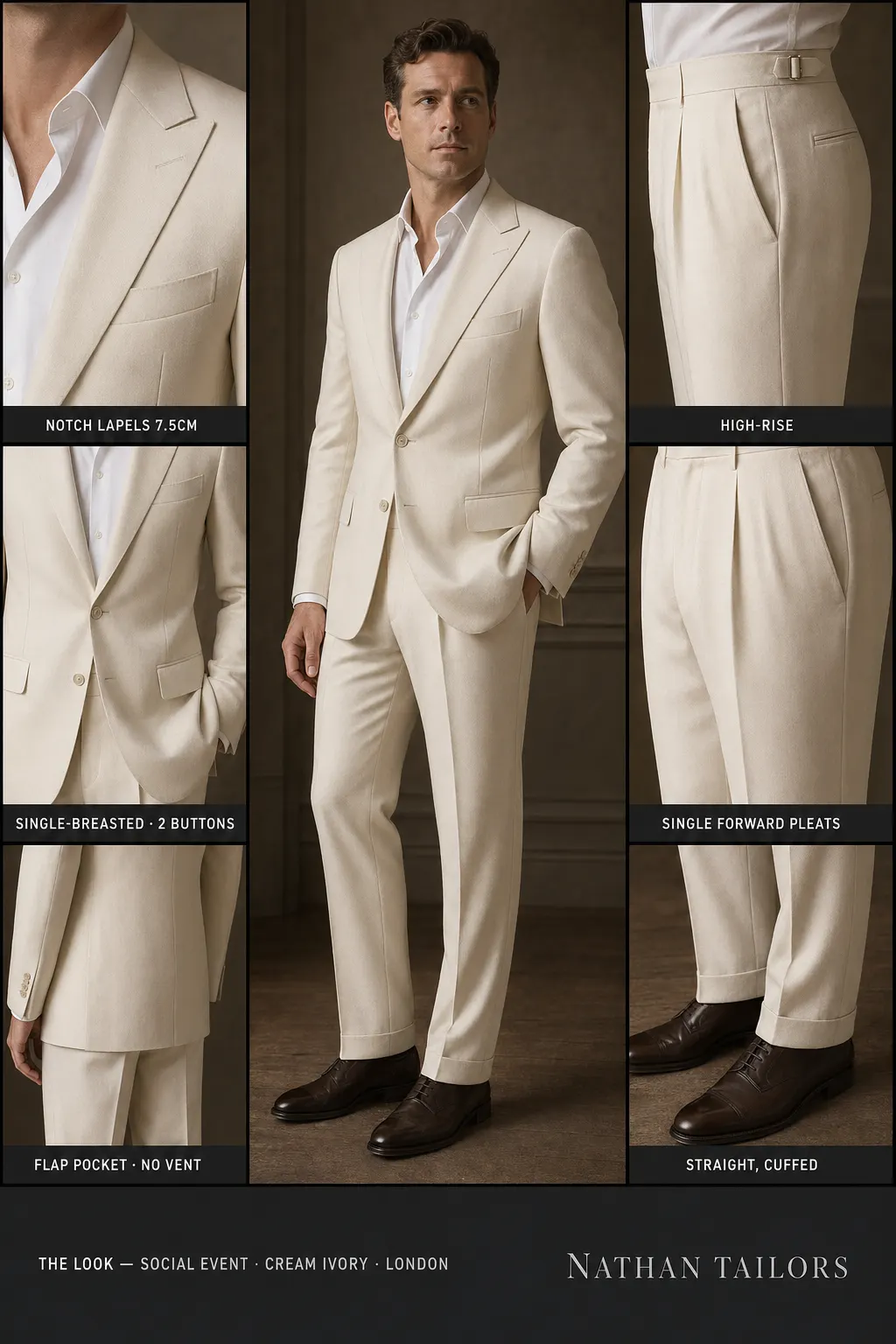 cream ivory single-breasted notch-lapel bespoke suit — AI-rendered by Nathan Tailors, the Hoi An custom tailor. Available as a custom tailored suit from $149.