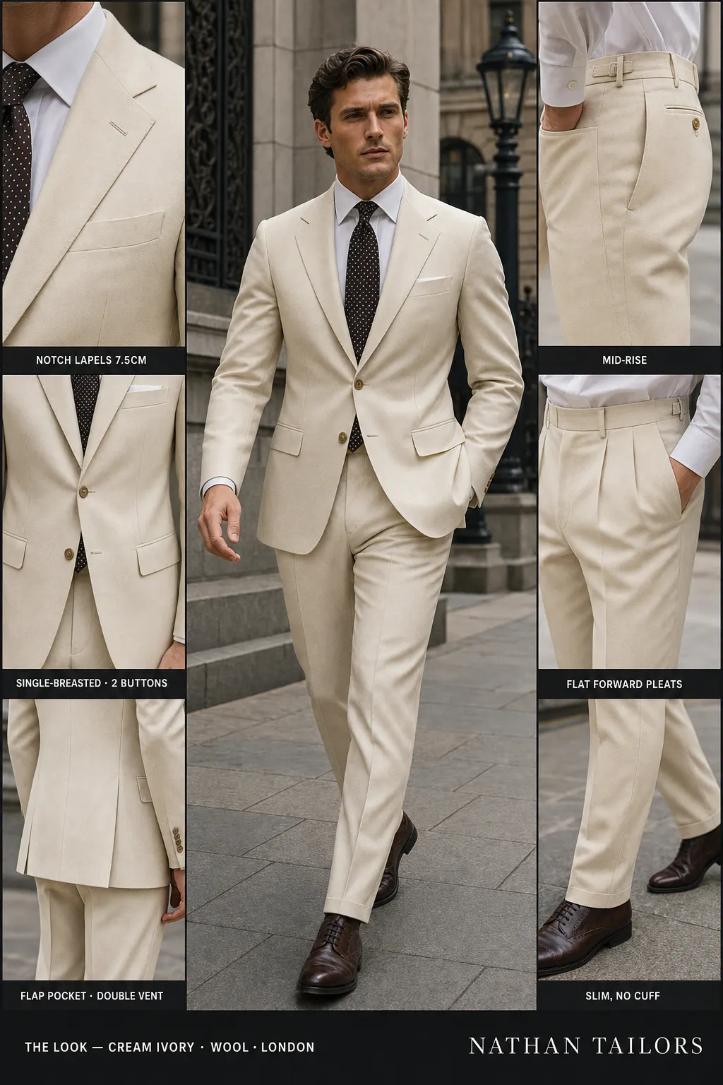 cream ivory single-breasted notch-lapel bespoke suit — AI-rendered by Nathan Tailors, the Hoi An custom tailor. Available as a custom tailored suit from $169.