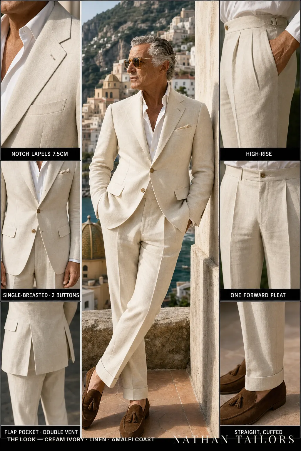 cream ivory single-breasted notch-lapel bespoke suit — AI-rendered by Nathan Tailors, the Hoi An custom tailor. Available as a custom tailored suit from $149.
