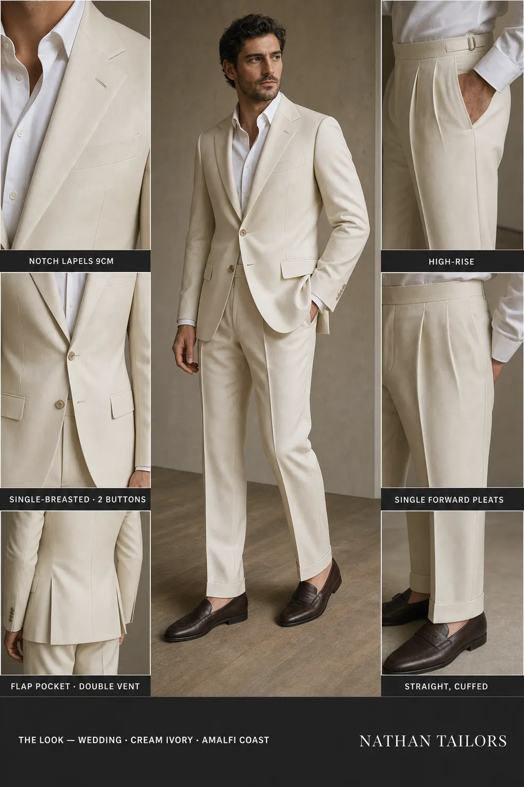 cream ivory single-breasted notch-lapel bespoke suit — AI-rendered by Nathan Tailors, the Hoi An custom tailor. Available as a custom tailored suit from $149.