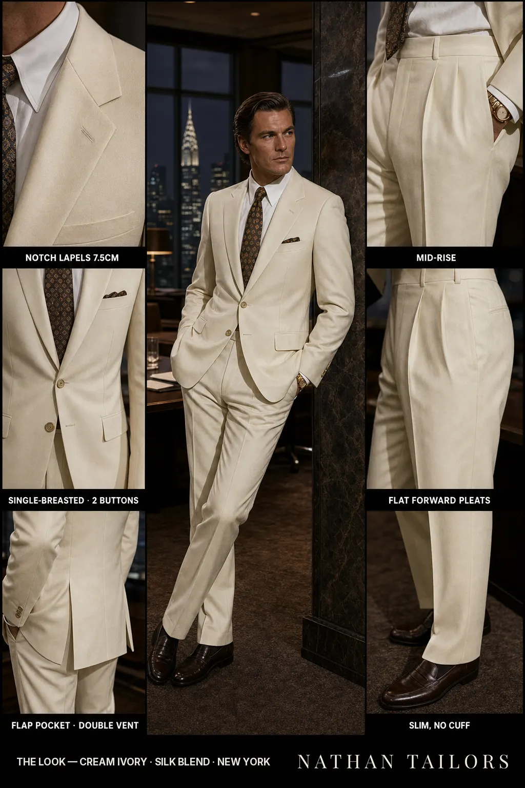 cream ivory single-breasted notch-lapel bespoke suit — AI-rendered by Nathan Tailors, the Hoi An custom tailor. Available as a custom tailored suit from $149.