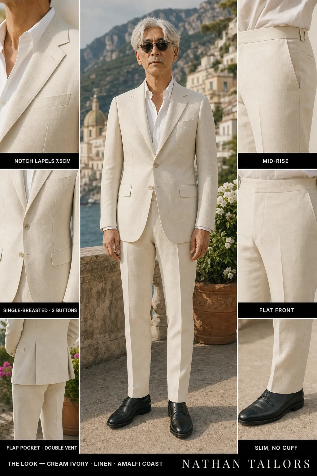 cream ivory single-breasted notch-lapel bespoke suit — AI-rendered by Nathan Tailors, the Hoi An custom tailor. Available as a custom tailored suit from $149.