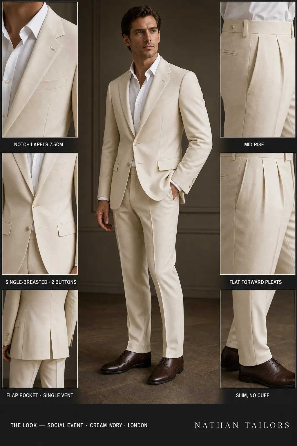 cream ivory single-breasted notch-lapel bespoke suit — AI-rendered by Nathan Tailors, the Hoi An custom tailor. Available as a custom tailored suit from $149.