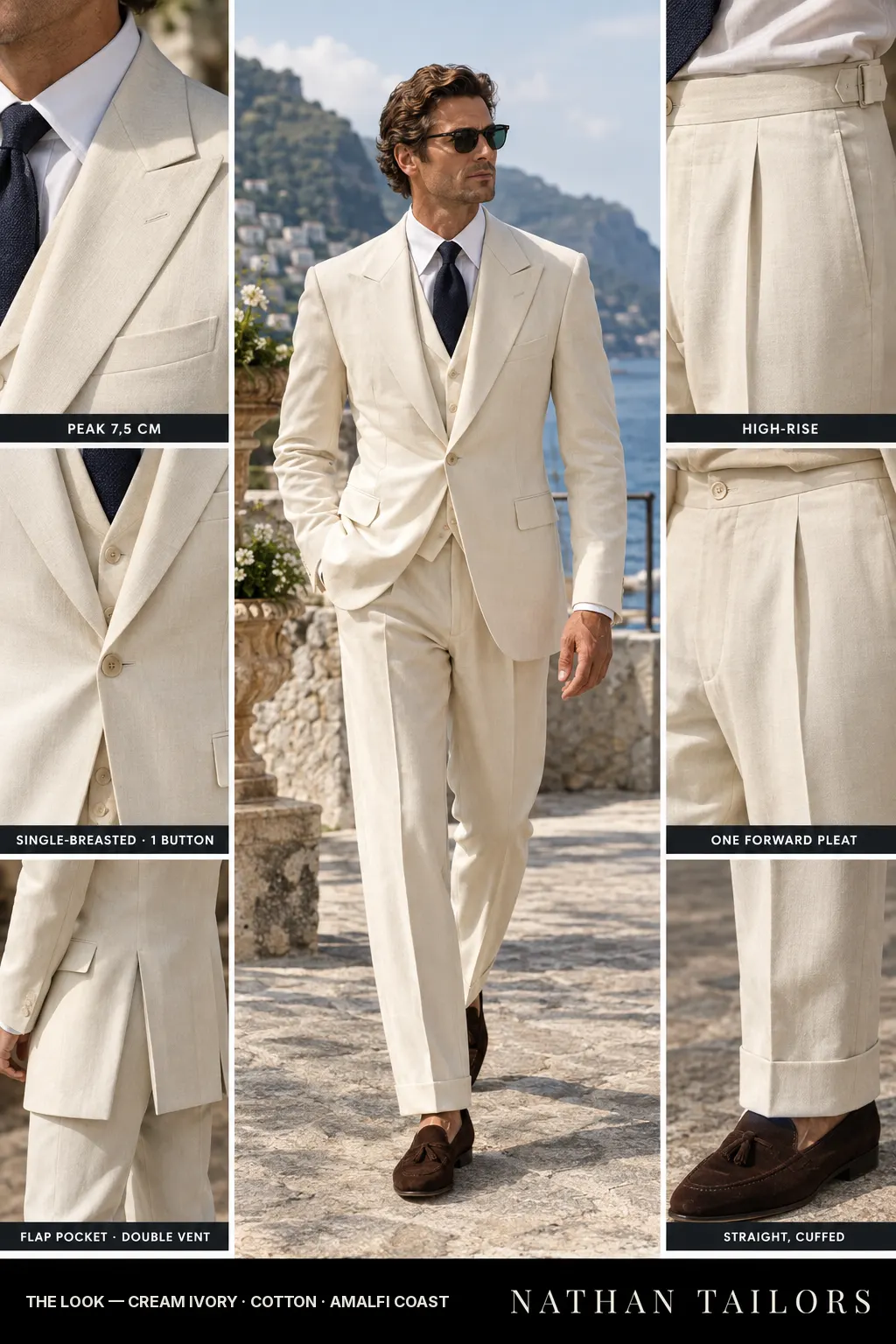 cream ivory single-breasted bespoke suit โ custom tailored by Nathan Tailors, the Hoi An custom tailor