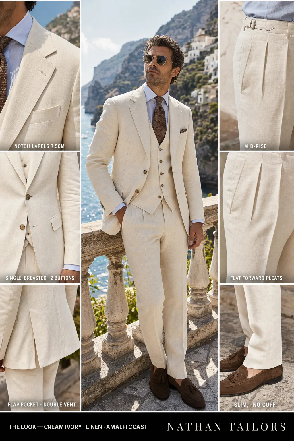 cream ivory single-breasted notch-lapel bespoke suit — AI-rendered by Nathan Tailors, the Hoi An custom tailor. Available as a custom tailored suit from $149.