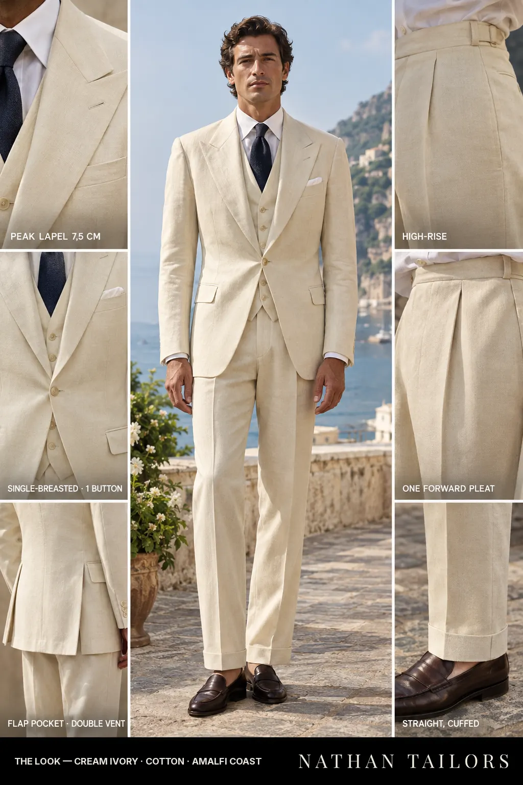 cream ivory single-breasted peak-lapel bespoke suit โ AI-rendered by Nathan Tailors, the Hoi An custom tailor. Available as a custom tailored suit from $149.
