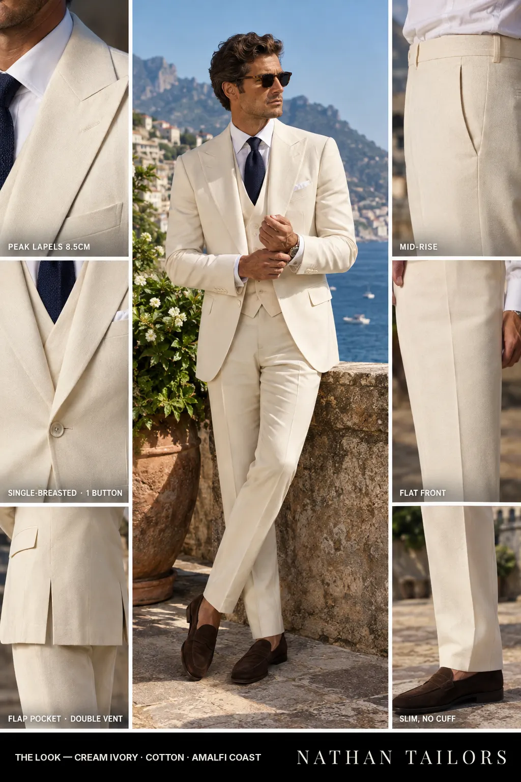 cream ivory single-breasted peak-lapel bespoke suit โ AI-rendered by Nathan Tailors, the Hoi An custom tailor. Available as a custom tailored suit from $149.