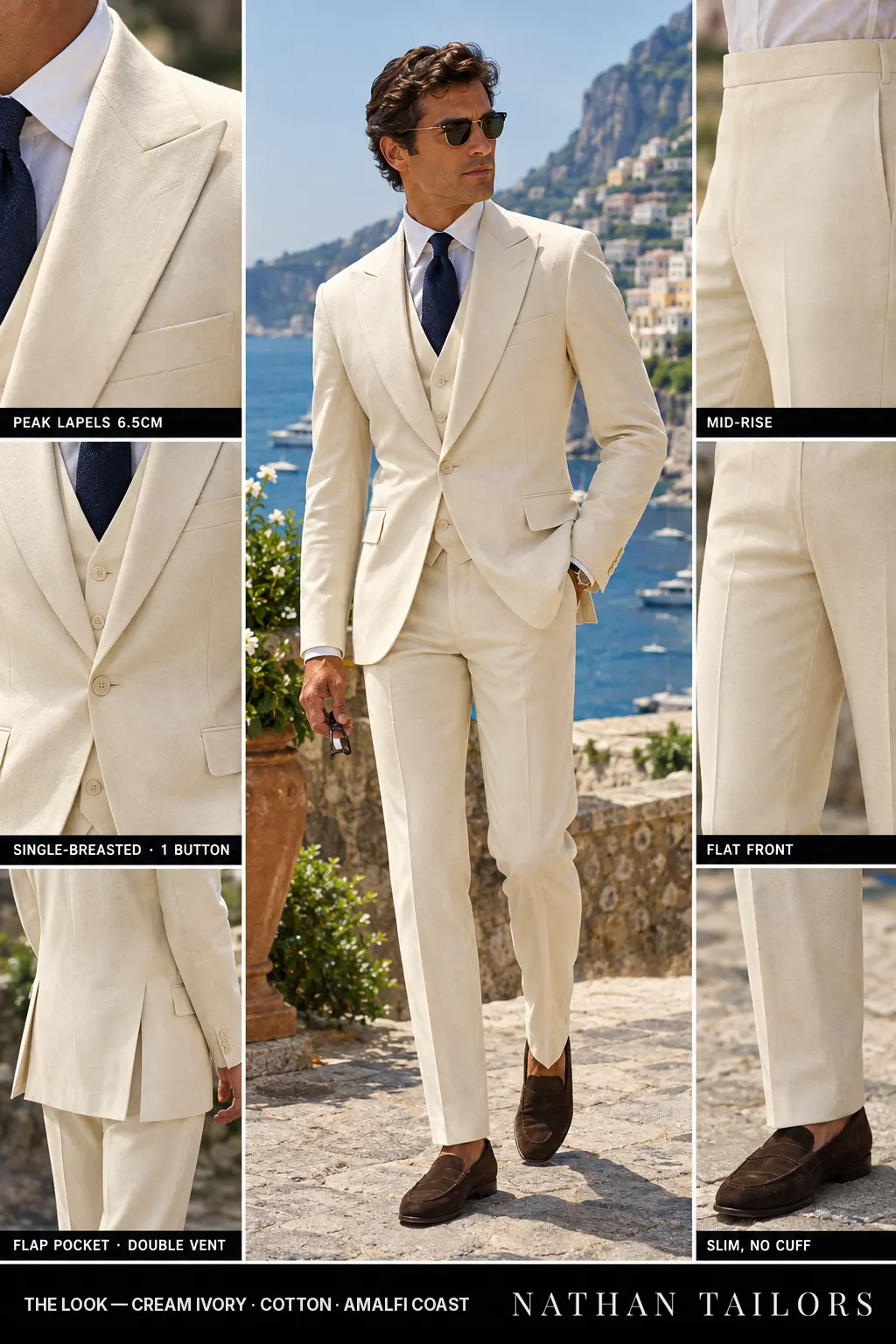 cream ivory single-breasted peak-lapel bespoke suit โ AI-rendered by Nathan Tailors, the Hoi An custom tailor. Available as a custom tailored suit from $149.