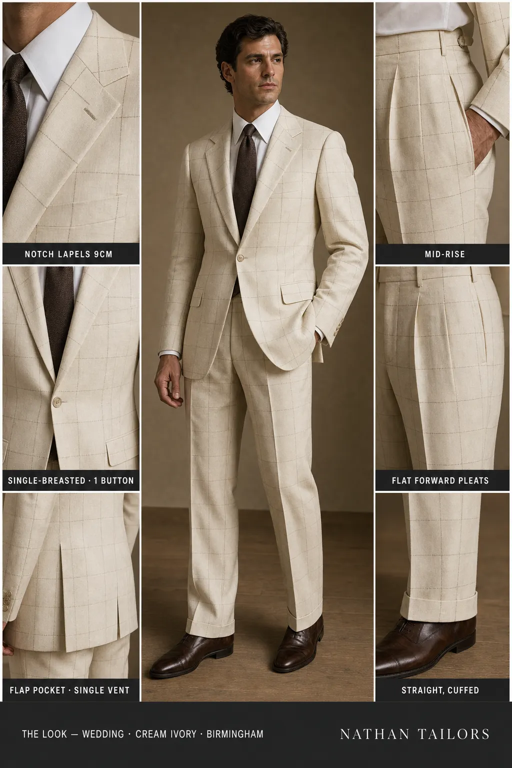 cream ivory windowpane single-breasted notch-lapel bespoke suit โ AI-rendered by Nathan Tailors, the Hoi An custom tailor. Available as a custom tailored suit from $149.