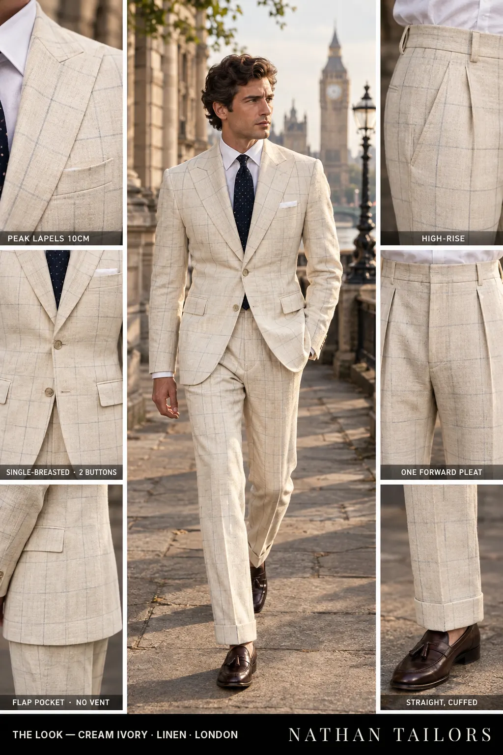 cream ivory windowpane single-breasted bespoke suit โ custom tailored by Nathan Tailors, the Hoi An custom tailor