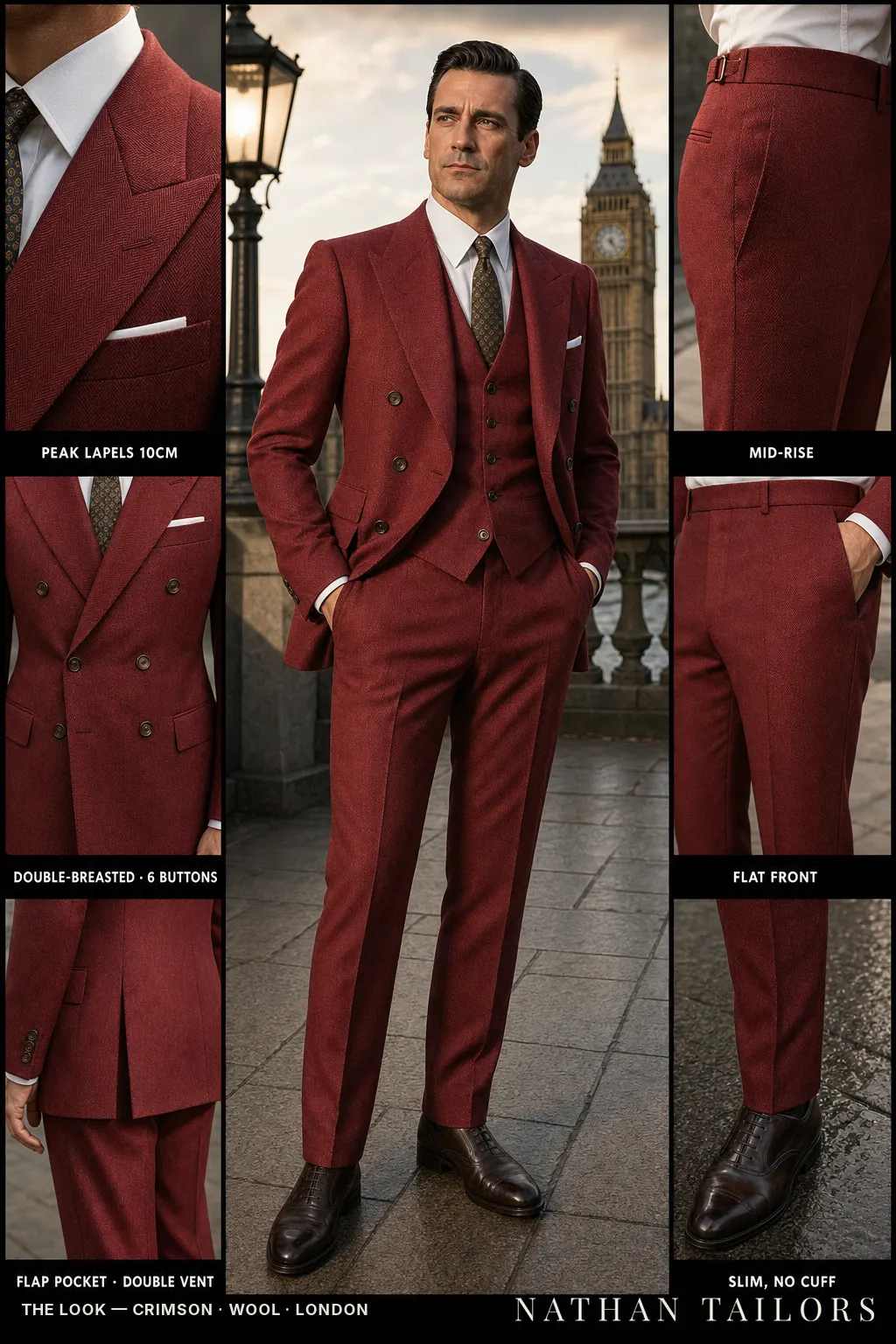 Crimson herringbone double-breasted peak-lapel bespoke suit — AI-rendered by Nathan Tailors, the Hoi An custom tailor. Available as a custom tailored suit from $149.