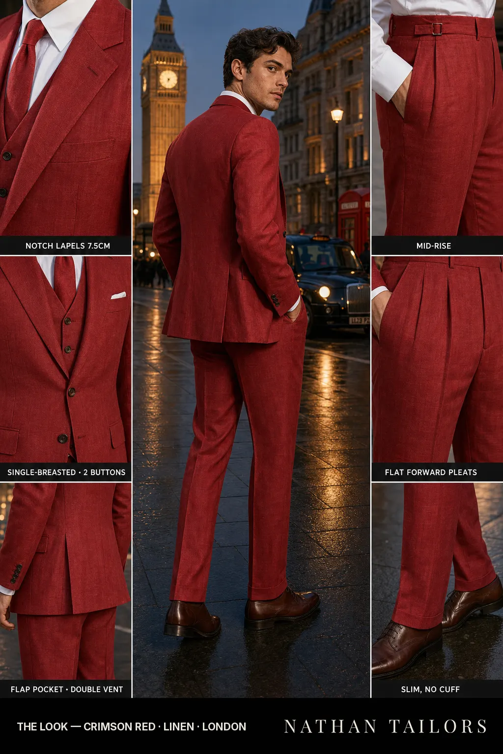 crimson red single-breasted notch-lapel bespoke suit — AI-rendered by Nathan Tailors, the Hoi An custom tailor. Available as a custom tailored suit from $149.