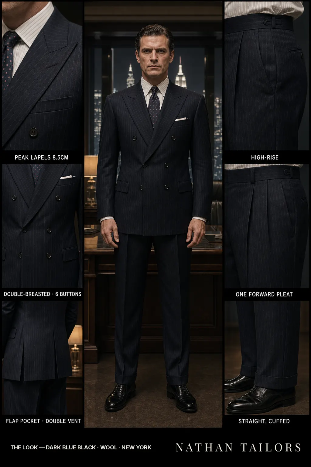Dark blue black pinstripe double-breasted bespoke suit — custom tailored by Nathan Tailors, the Hoi An custom tailor