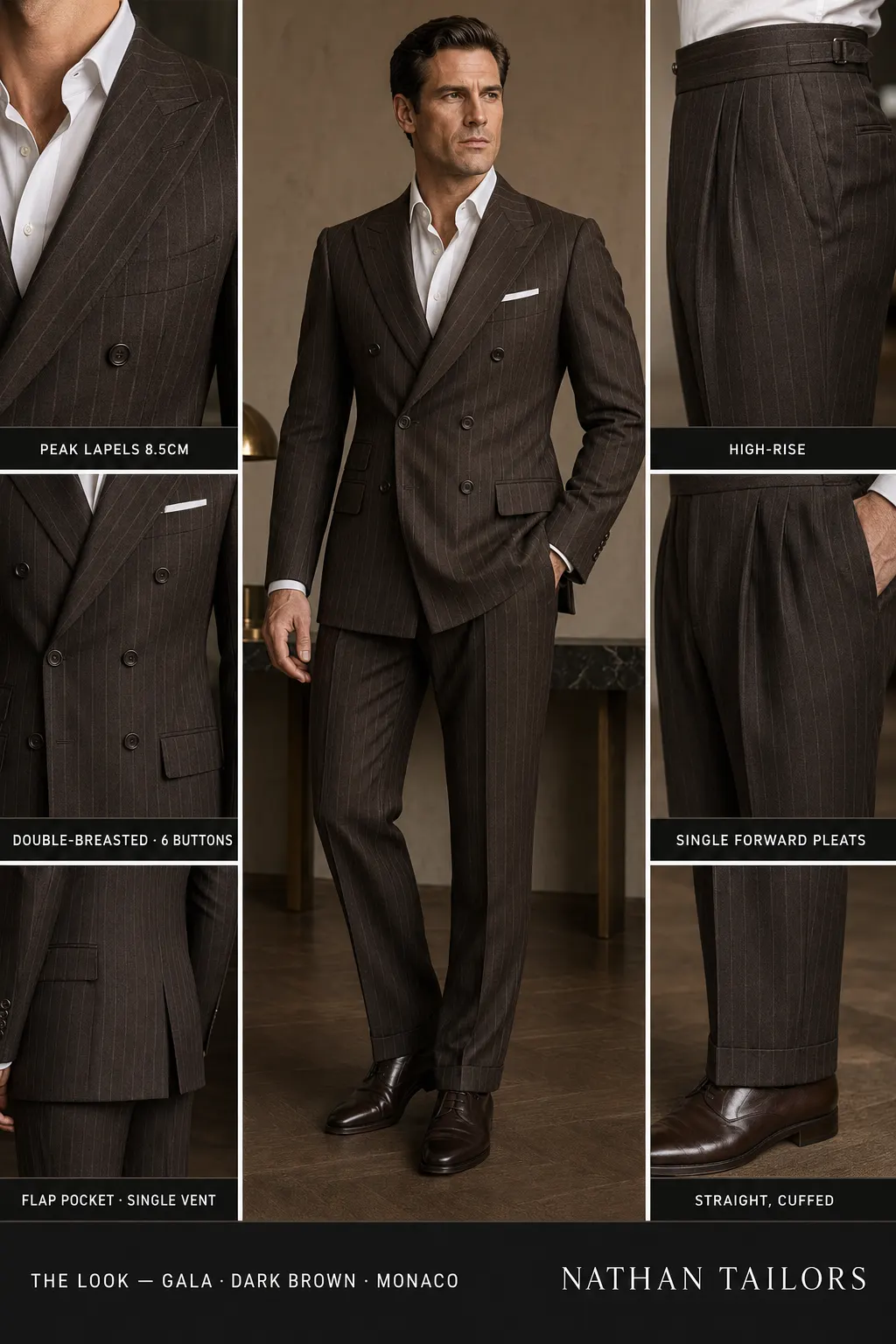 Dark brown chalk stripe double-breasted peak-lapel bespoke suit — AI-rendered by Nathan Tailors, the Hoi An custom tailor. Available as a custom tailored suit from $149.
