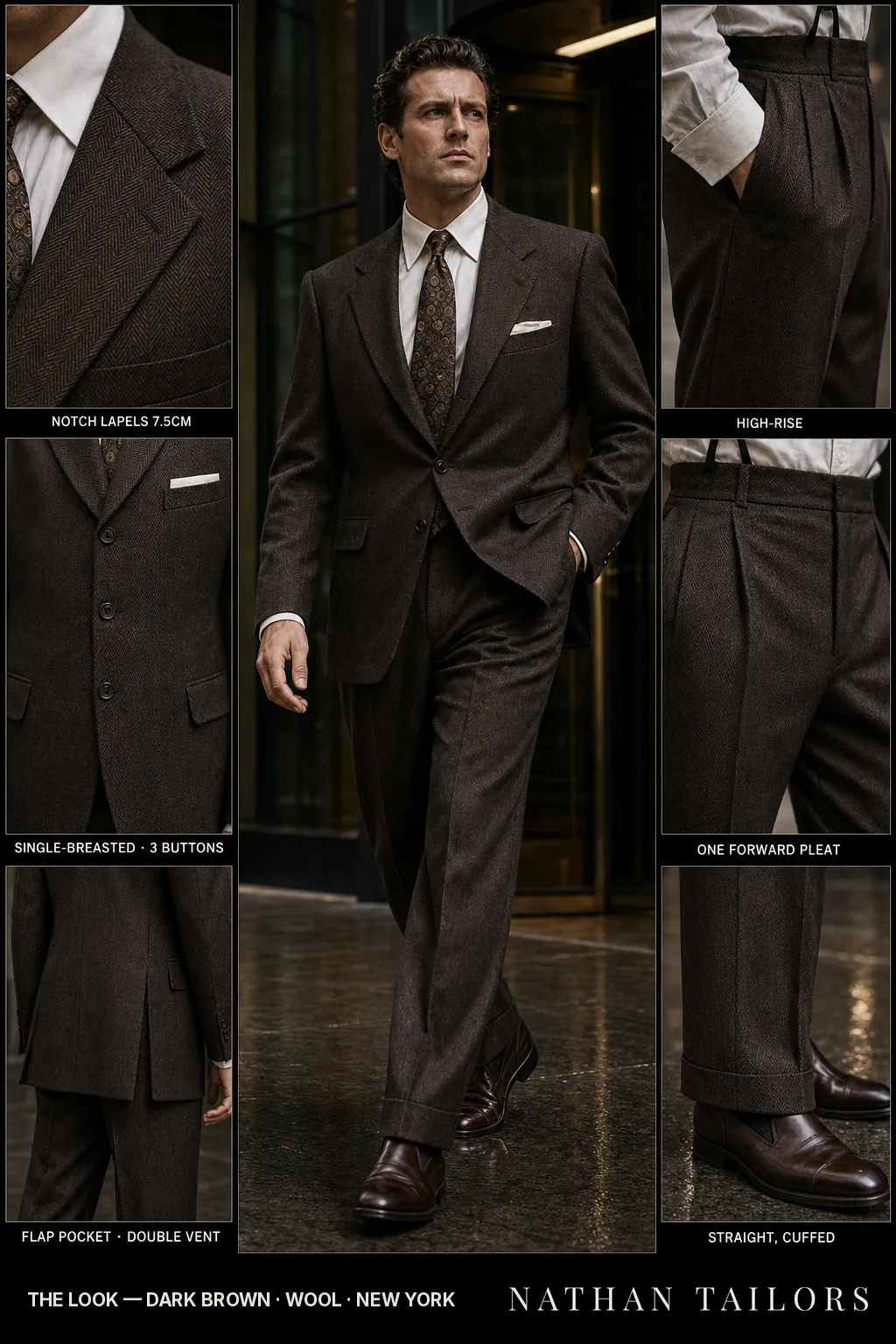 dark brown herringbone single-breasted notch-lapel bespoke suit — AI-rendered by Nathan Tailors, the Hoi An custom tailor. Available as a custom tailored suit from $149.